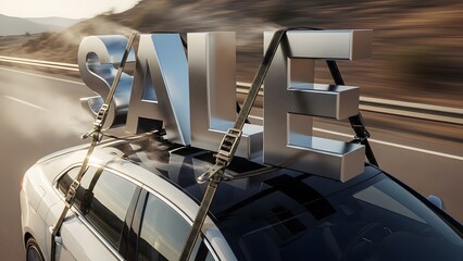 White car secured by chains on a tow truck driving on a highway