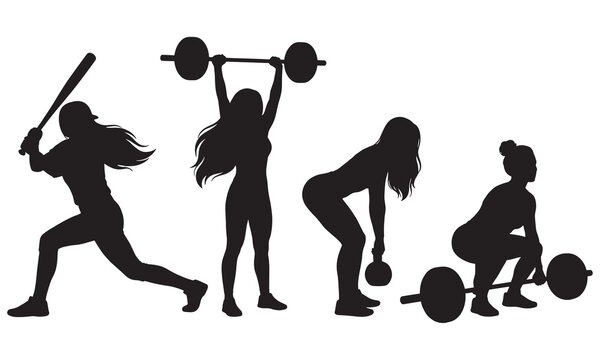 Female Athletes Silhouette Set featuring Weightlifting, Softball, and Kettlebell Training