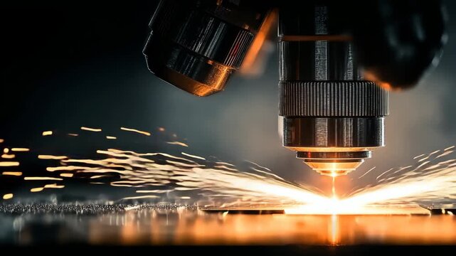 Industrial cnc laser cutting machine head working with sparks for precision manufacturing automation business and high tech robotics engineering industry concept