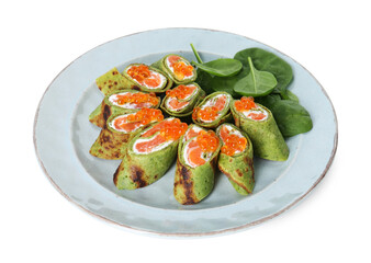 Tasty spinach crepes with salmon, cream cheese, red caviar and leaves isolated on white