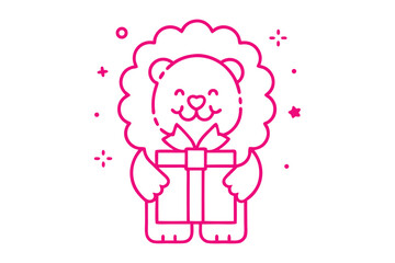 Obraz premium Smiling lion outline is holding a wrapped gift with confetti floating around it