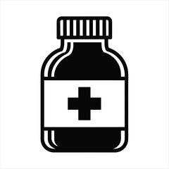 A black and white icon of a medicine bottle with a cross on the label