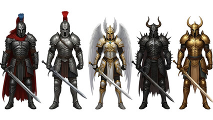 Five fantasy armored warriors, with swords, cutout, PNG isolated on transparent background