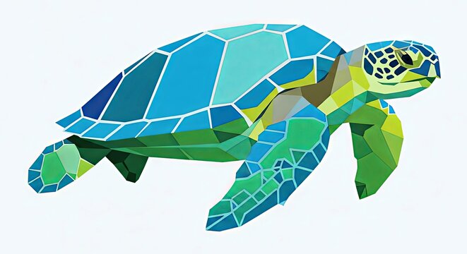 Colorful geometric sea turtle illustration in shades of blue and green  