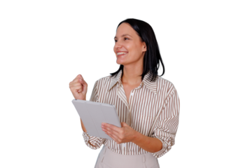 Businesswoman celebrating success, achieving career goals, using digital tablet, happy with victory, transparent background
