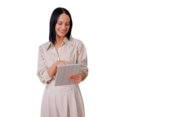 Woman standing, smiling and engrossed in her tablet, browsing digital content for work or personal use, transparent background