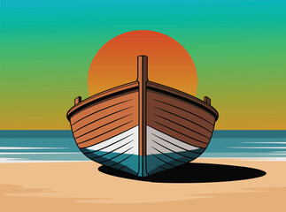Wooden fishing boat on beach with sunset backdrop and empty sky beautiful coastal scenery © Bakalia
