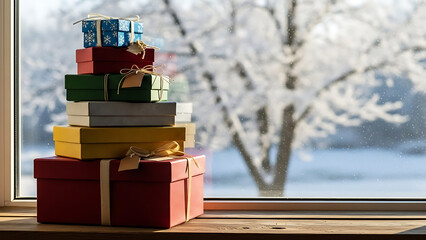 A stack of colorful gift boxes sits on a windowsill with a frosted tree visible outside.