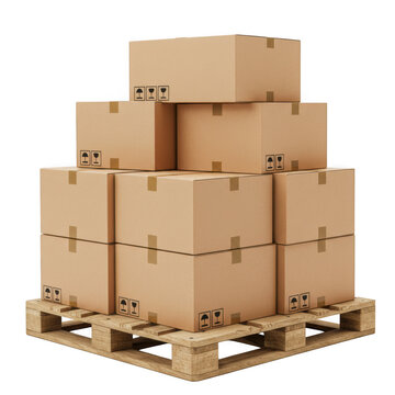 Stack of cardboard boxes on wooden pallet isolated on transparent background