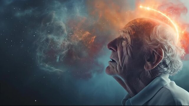 Elderly man gazing into a cosmic mindscape of memory and imagination.