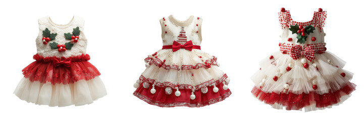 Collection of christmas decorated baby dress isolated on a transparent background