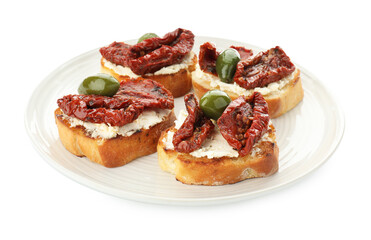 Delicious bruschettas with cream cheese, sun-dried tomatoes and green olives isolated on white