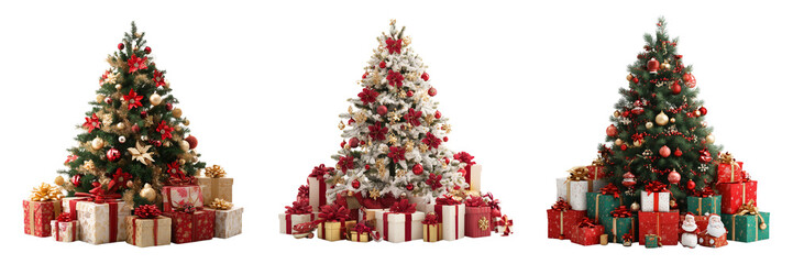 Collection of Christmas decorated tree with elegant gift boxes isolated on a transparent background
