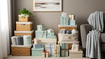 A cozy living room corner filled with various gift boxes and woven storage baskets, creating a neat and organized display.