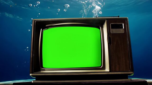 Vintage Television Underwater With Green Screen, Rising Bubbles, Surreal Scene