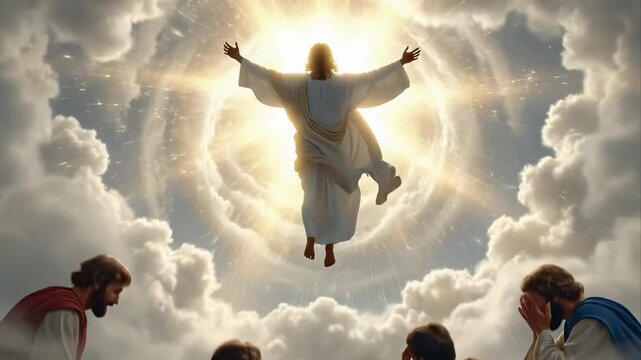 Jesus Christ ascends gloriously into bright heavens, surrounded by majestic clouds. The apostles gaze up with faith, witnessing the divine miracle, spiritual departure.