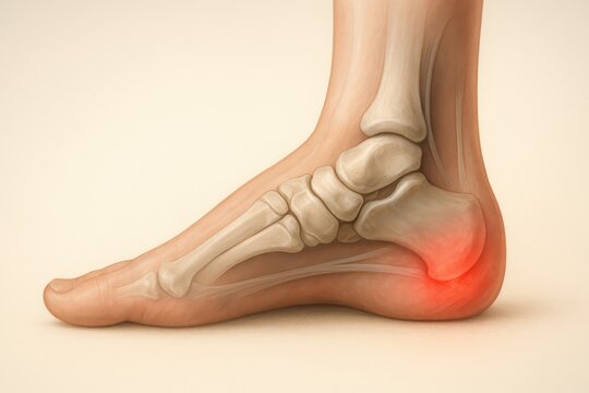 Lateral foot anatomy with red glow on calcaneus highlighting lateral heel spur at plantar fascia origin, ideal for illustrating chronic heel pain and calcaneal spur in orthopedic medical visuals.
