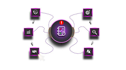 Centralized project management workflow with connected task icons and warning symbol isolated on transparent background