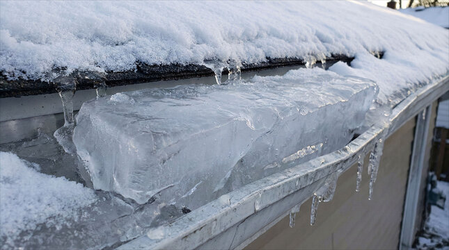 Frozen roof gutter with ice dam and icicles in winter