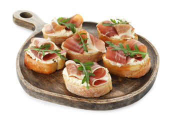 Delicious bruschettas with cream cheese, prosciutto and arugula isolated on white
