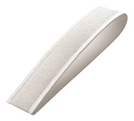 Narrow sew-on hook and loop tape strip for garment closures in fashion design.