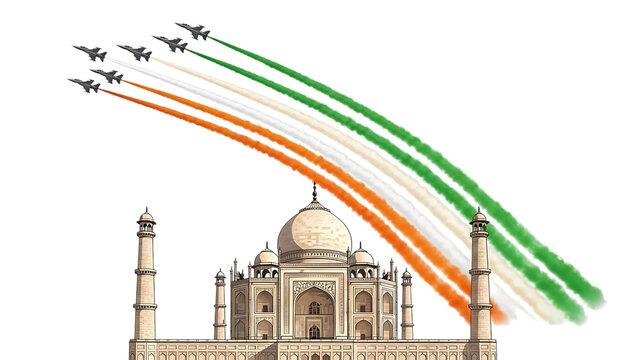 Indian fighter jets, flying over Taj Mahal with tricolor smoke trails, cutout, PNG isolated on transparent background