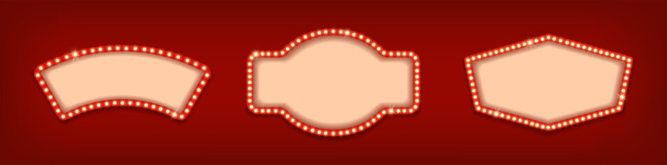 Vector illustration. Retro red circus or casino frame billboard with yellow light bulbs on transparent background.