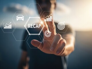 Businessman interacting with virtual interface and data analysis icons on finger