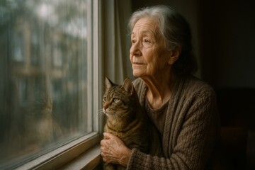 An elderly woman sadly looks out the window with her cat. touching concept of the elderly lifestyle, a cozy interior, and an emotional connection