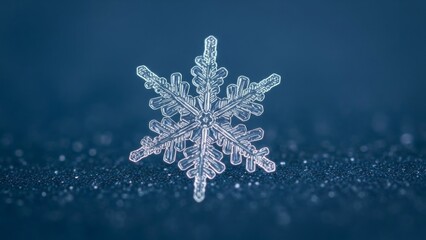 A macro photograph captures the intricate crystalline structure of a single snowflake against a blurred blue background.