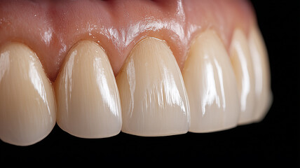 A macro view of natural front teeth illustrating realistic enamel structure to represent dental aesthetics and oral health evaluation concepts.

