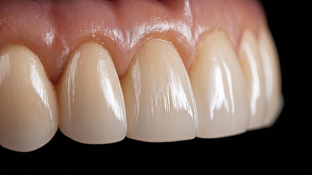 A macro view of natural front teeth illustrating realistic enamel structure to represent dental aesthetics and oral health evaluation concepts.
