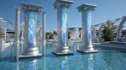 Three tall columns with glowing patterns stand in a pool, a futuristic architectural design
