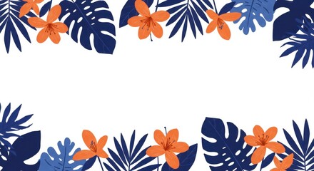 Fototapeta premium Vibrant tropical floral frame with vivid orange blooms and various blue palm leaves creating a natural border