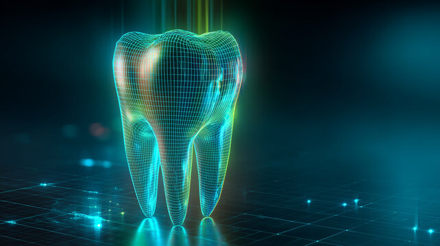 A holographic wireframe tooth standing on a digital grid to symbolize advanced dentistry and the concept of virtual oral structure analysis.
