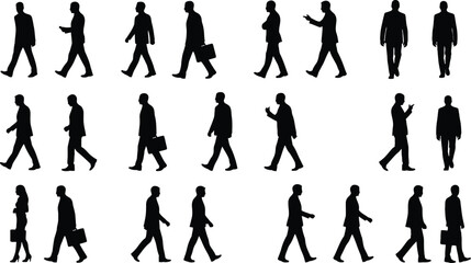 Business people walking silhouette collection, corporate professionals in motion,  commuting, business crowd movement, teamwork concept illustration