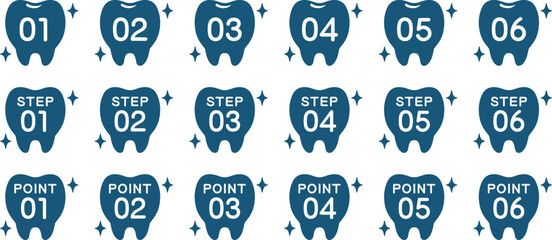 手順や流れを示すステップ番号とポイント番号の歯のラベルのアイコンセット（Tooth label icon set with step numbers and point numbers to indicate procedures and flow）  © ochikosan