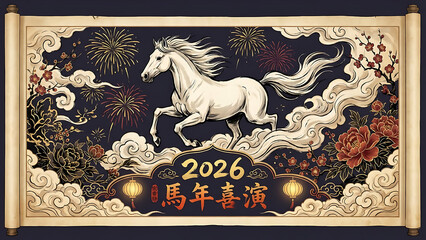 Majestic white horse gallops through fireworks and floral designs celebrating the Year of the Horse.