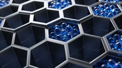 Close-up view of a hexagonal molecular structure with blue spheres inside some cells.