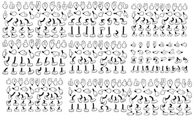 Retro cartoon legs and hands, Hands with gloves and feet with boots, various poses for characters, a set of poses, gestures, placement of hands and feet. Mascot character set. Cartoon set of limbs.eps © Miftahul Nehar