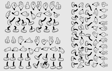 Retro cartoon legs and hands, Hands with gloves and feet with boots, various poses for characters, a set of poses, gestures, placement of hands and feet. hands and legs. black & white vector file.