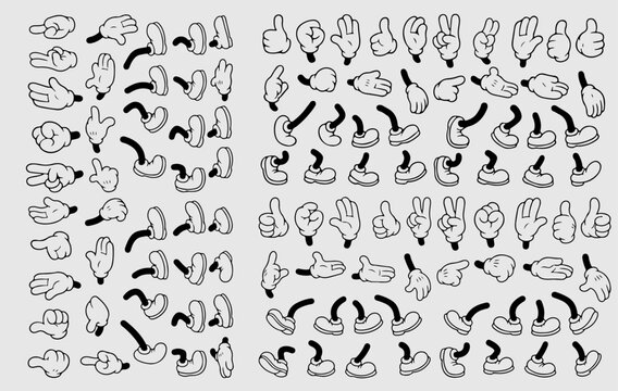 Vintage retro hands in gloves and feet in shoes. Comic retro feet and hands in different poses. Isolated mascot character elements of 1920 to 1950s.
