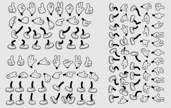 Retro cartoon legs and hands, Hands with gloves and feet with boots, various poses for characters, a set of poses, gestures, placement of hands and feet. hands and legs. black & white vector file.