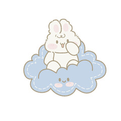 Funny cartoon vector illustration of a cute baby lamb sheep icon on a seamless cloud pattern in the sky