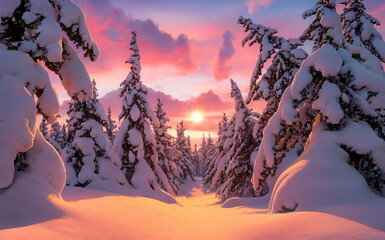Sunrise Over a Snow-Laden Forest Path