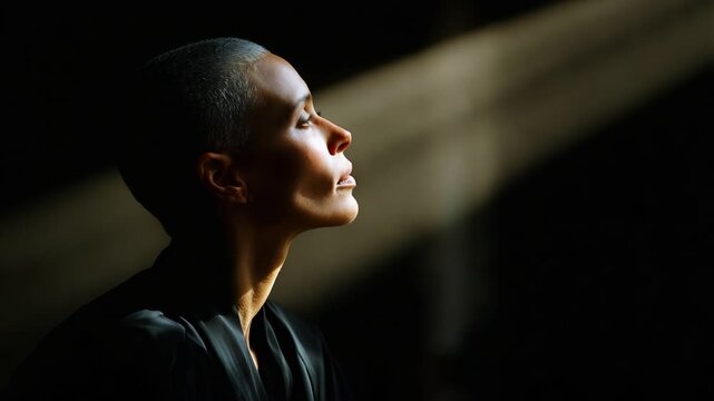 A Contemplative Moment in Shadows: Capturing the Essence of Serenity and Reflection in a Stark Contrast of Light and Darkness, Highlighting Quiet Strength and Inner Peace