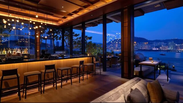 Rooftop bar lounge with panoramic city and waterfront night views.