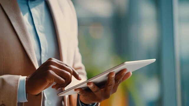 Business professional using a tablet to explain customizable loan features showcasing digital tools for personalized loan duration and amount adjustments.