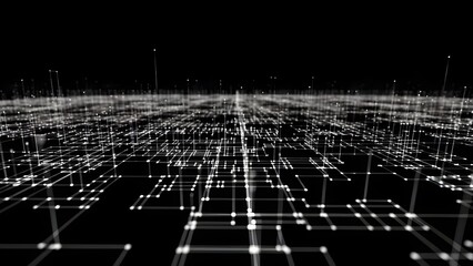 Futuristic grid network visualization with glowing white lines and nodes on black background