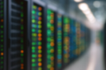 Data storage room with server racks and bokeh effect, blurred professional backdrop for IT, data and digital infrastructure branding with space for text